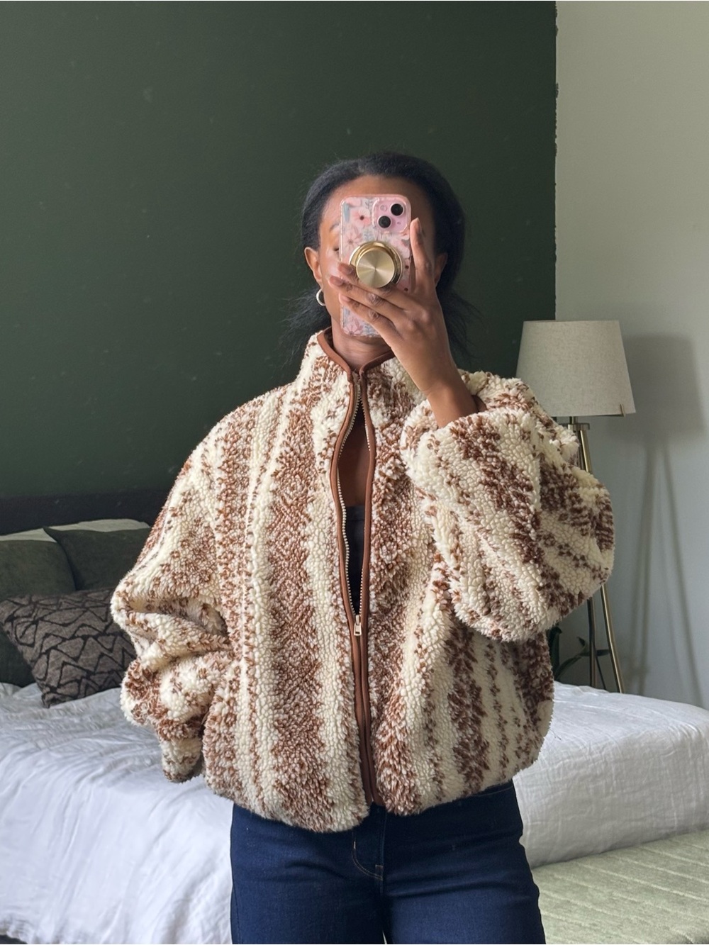 All in Favor Cream & Brown Patterned Teddy Zip Jacket